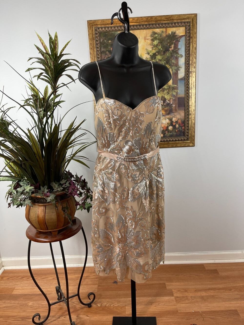 Bisou Bisou Mini Dress Women's Size 4 Silver & Gold Sequin Floral Cocktail Party